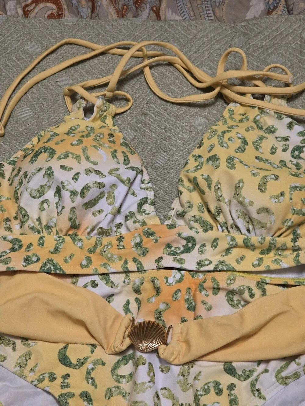 Strappy Gradient Yellow Green Leopard Print High Waisted Bikini Large New